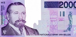 Baron Victor Horta Portrait Belgium 2000 Francs 1994-2001 Banknotes. Belgian Art Nouveau architect and designer Baron Victor Horta. Architectural floral elements and decorations made of wrought iron.
