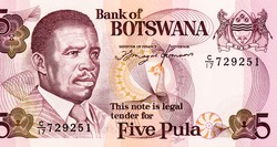 President Quett Ketumile Joni Masire, Portrait from Botswana 5 Pula 1982 Banknotes.