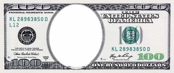 Clear 100 Dollar Banknote pattern, One hundred dollar border with empty middle area, U.S. 100 highly detailed dollar banknote. on a white background.