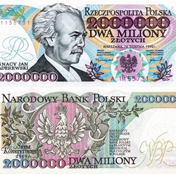 Jan Paderewski Portrait from Poland 2000000 Zlotych 1992 Banknote.