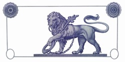 Lion standing, with key and chain on white background in Money 1957.