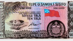 Samoan Dance and Twirl Fire Knife, Fronds of a palm tree. Flag of (Western) Samoa., Portrait from Samoa 10  Tala 1963-2020 Banknotes.