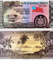 Samoan Dance and Twirl Fire Knife, Fronds of a palm tree. Flag of (Western) Samoa., Portrait from Samoa 10  Tala 1963-2020 Banknotes.