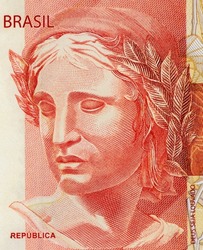 aureate effigy of the symbolic sculpture of the Brazilian Republic, Portrait from Brazil 20 Reais 2010 Banknotes. 