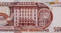 Facade of the Austrian Postal Savings Bank building in Vienna. Portrait from Australia 500 Schilling 1985 Banknotes. 