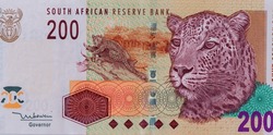 Leopard at center and large leopard's head at right. Portrait from  South Africa 200 Rand 2004 Banknotes.