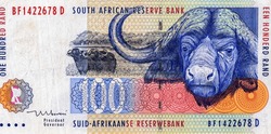 Buffalo head, Portrait from South Africa 100 Rand 1994 Banknotes.