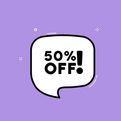 50 percent off. Speech bubble with 50 percent off text. Mega sale. Boom retro comic style. Pop art style. Vector line icon for Business and Advertising.