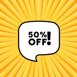 Speech bubble with 50 percent off text. Mega sale banner. Boom retro comic style. Pop art style. Vector line icon for Business and Advertising.