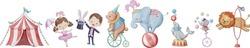 Cute circus cartoon vector illustration set. Watercolor illustrations on a posters and banners for a circus shows, gymnast, magician, animal lions, elephant, juggling mouse, sea lion, and circus tent.