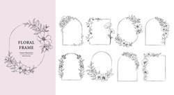 Floral Frame set . Hand drawn Botanical vector illustration. Flower wreath Black and white.