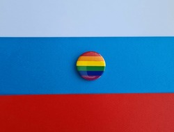Russia and rainbow flag icon. LGBT conflict and rights concept. Metaphor Russia against LGBT community. Tension and crisis of civil rights and gay pride