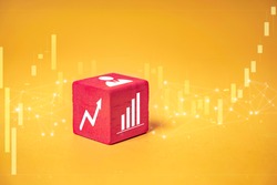 mock up miniature block concept the forex stock market exchange, representing traders reading graphs and increase in buying sales of rising stock for success in strategy, on isolated yellow background