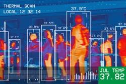 passengers infrared thermal heat scan imaging camera sensor at international airport seeking high body temperature checking system detection corona virus covid-19 infection disease 