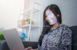Face detection AI technology, facial recognition security user identification access, girl using computer laptop working at home, smart scanning sensor environment surrounding, 3d model wireframe.