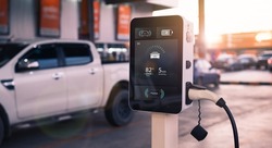 Ev electric vehicle charging station hub with visual icon screen display ui user self refueling interaction recharging, pump cable  eco energy environmental friendly transport industry automobile.