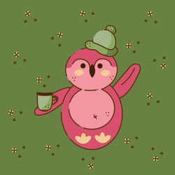 Cute penguin character. Cartoon cute pinguin in a winter hat and with a mug of tea in his hands welcomes. Cartoon doodle illustration.