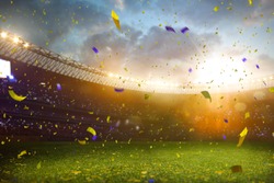 Evening stadium arena soccer field championship win! Confetti and tinsel . Yellow toning