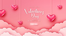Happy valentines day greeting background in papercut realistic style. Paper clouds, flying realistic heart on string. Pink banner party invitation template. Calligraphy words text sign on copy space.