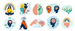 Mental health set vector background. Collection of different illustration with sad and happy people, two side brain, doctor add together puzzle of human head, psychotherapy, connection mind concept.