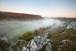 fog in the valley - mystical atmosphere in the Eselsburger Tal at sunrise in autumn. Herbrechtingen - Brenz River