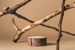 Rustic podium of cylinder shape, and dried branches on beige background. Product, cosmetic, perfume, jewellery mock up.