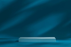 Blue background for product presentation with empty podium, shadows and light. Mockup.
