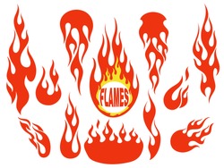 Red fire, old school flame elements set, isolated vector illustration