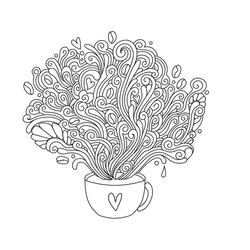 Cup with hot coffee and a smell coming from it in style of doodling. It can be used as a print on clothes, a design element, various printing designs, logo, coloring book.