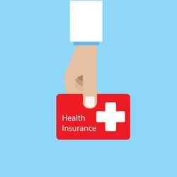 Doctor holding health insurance card. Vector graphic design.