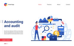 Business accounting and financial audit vector illustration. Flat cartoon accountant character making auditing process with analysis review, tax report. Business service interface design for web site