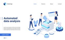 Isometric data analysis vector illustration. Website interface 3d design with cartoon business analyst people working on financial report, analyzing finance statistics. Automated database technology