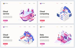 Isometric cloud data storage technology vector illustration. Creative concept banner set, interface website design with cartoon 3d modern database service for storing and uploading file information