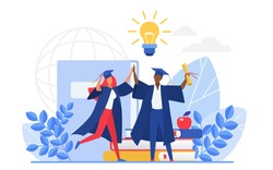Graduate people celebrate vector illustration. Cartoon flat tiny group of happy graduating students characters celebrating graduation, holding school or college education diploma isolated on white