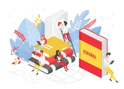 Online Spanish language courses isometric 3d vector illustration. Distance education, remote school, Spain university. Students reading books Internet class, e learning language school isolated