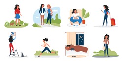 Girl in daily activity vector illustration set. Cartoon active young woman character eating pizza and sleeping, walking with friend, running in city park, traveling with suitcase isolated on white background