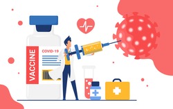 Doctor killing coronavirus with antiviral vaccine vector illustration. Cartoon medical worker character holding big syringe injection during vaccination process to kill virus cells isolated on white