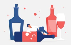 Alcohol addiction concept vector illustration. Cartoon adult man addict drinker character lying on empty big bottle next to glass of red wine drink, problem of alcoholic bad unhealthy habit background