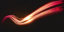 Luminous neon shape wave, abstract light effect vector illustration. Wavy glowing bright flowing curve lines, magic glow energy stream motion with particle isolated on transparent black background.