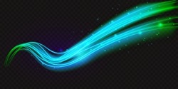 Luminous neon azure shape wave, abstract light effect vector illustration. Wavy glowing green neon blue bright flowing curve lines, magic glow energy motion particle on transparent black background.
