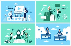 Social media marketing and online startup strategy set. Cartoon tiny people research influence of popular blog on audience, analytics process flat vector illustration. Digital video campaign concept