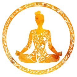 Vector silhouette of yoga woman in circle frame with bright orange watercolor texture and floral ornament. Autumn colors and tree leaves decoration. Lotus pose - Padmasana.
