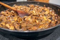 Mushrooms, sliced ​​and fried in a pan with the addition of onions. Mushroom sauce