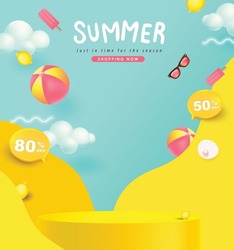Colorful Summer sale banner with product display cylindrical shape 