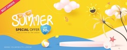 Summer sale poster banner template for promotion with product display cylindrical shape and beach elements 