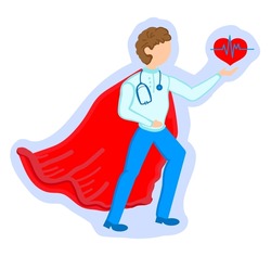 A hero doctor in a red cloak saving lives. A cardiologist holds a heart with a cardiogram image. Paramedic with a stethoscope around his neck 
