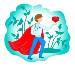 A hero doctor in a red cloak saving lives. A cardiologist holds a heart with a cardiogram image on an abstract nature background. Paramedic with a stethoscope around his neck 
