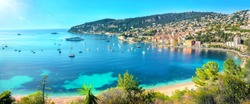 Panoramic view of bay Cote d'Azur and resort town Villefranche sur Mer. French riviera, France