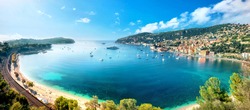 Panoramic view of bay and resort town Villefranche sur Mer. Cote d'Azur, French riviera, France