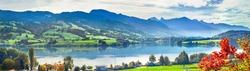 Panoramic landscape of lake Gruyere in Switzerland. Canton Fribourg, Switzerland     
